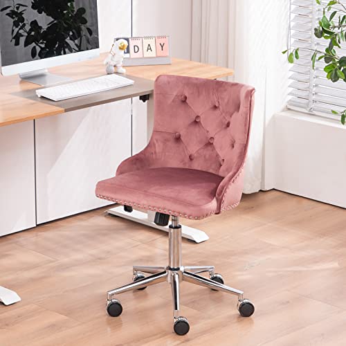 VINGLI Velvet Office Chair - Modern Upholstered Desk Chair with Adjustable Height, Tilting Mechanism, and Rolling Wheels - Pink - color: Pink