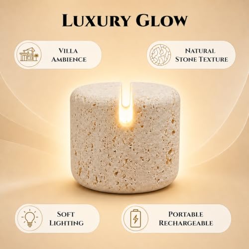 100% Marble Touch Pat Lamp, Unique Natural Stone Small Night Table Lamp, Type-C Rechargeable 3-Way Dimmable Bedside Lamp, Warm Ambient Lighting for Bedroom (Travertine) - color: Travertine