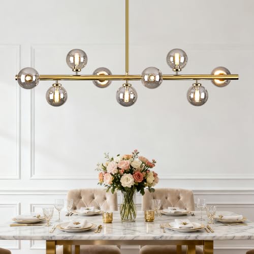 Mid Century Modern Globe Sputnik Chandelier, 9-Light Linear Chandeliers for Dining Room and Kitchen Island, Dining Light Fixture Over Table, Brass Gold and Smoke Grey Glass Bubble, 40 Inch - color: Gold Somke Grey, size: 9-Light 40 Inch