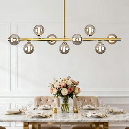 Mid Century Modern Globe Sputnik Chandelier, 9-Light Linear Chandeliers for Dining Room and Kitchen Island, Dining Light Fixture Over Table, Brass Gold and Smoke Grey Glass Bubble, 40 Inch - color: Gold Somke Grey, size: 9-Light 40 Inch