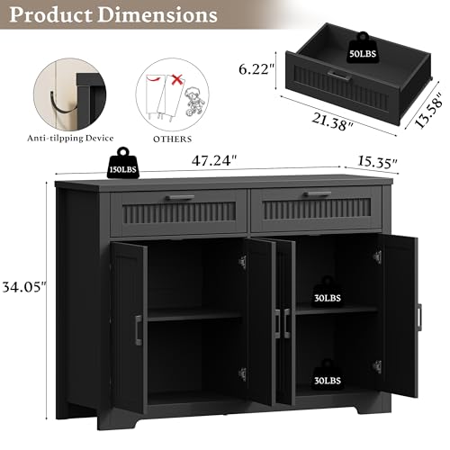 Fluted Buffet Sideboard Cabinet with Storages, Buffet Table with Drawers | Coffee Bar Console Table with 2 Drawers & 4 Doors and Adjustable Shelves, Sideboard with Metal Handles, Black - color: Black, size: 4 Doors & 2 Drawers