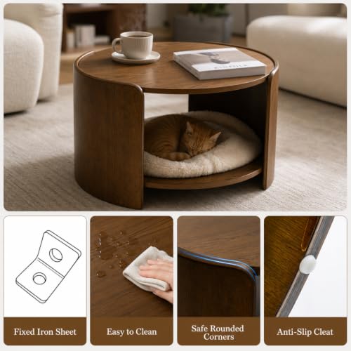 Walnut Round Coffee Table, 2-Tier 31.5" Open Storage Modern Center Table | Mid Century Wooden Circle Coffee Table with Shelf & Curved Wood Legs for Living Room, Home Office, Reception Room, Apartment - color: Walnut