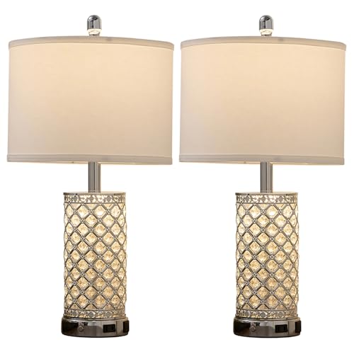 SAIWEYA 24in Crystal Table Lamp Set of 2 Bedroom Lamps for Night Stand | 3-Way Dimmable Touch with Night Ligh, 2 USB Ports + AC Outlet, White Fabric Shade, LED Bulb Included - color: Silver-2 Pack 24In