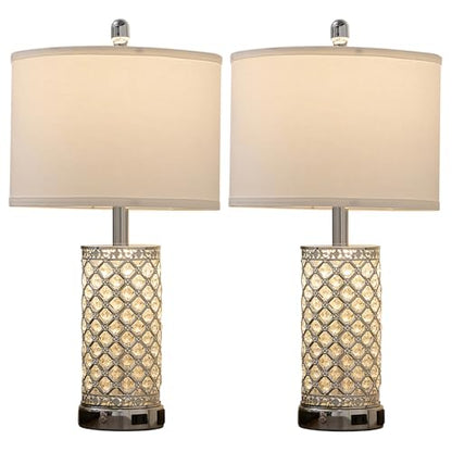 SAIWEYA 24in Crystal Table Lamp Set of 2 Bedroom Lamps for Night Stand | 3-Way Dimmable Touch with Night Ligh, 2 USB Ports + AC Outlet, White Fabric Shade, LED Bulb Included - color: Silver-2 Pack 24In