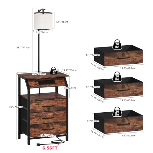 End Table with Floor Lamp Set of 2, Nightstand with Charging Station, Floor Lamp Table with 3-Color Temperature Bulb, Bedside Table Night Stand with 3 Drawers for Bedroom, Living Room, Retro - color: Retro 3 Drawers Set 2