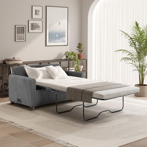 Serta® Darnold 53.5" Pull-Out Sleeper Loveseat, Twin Size, Dreamcoil® Comfort, Memory Foam Pull-Out Mattress, USB-C and USB-A Power Ports, Soft Corduroy Fabric, Grey - color: Grey