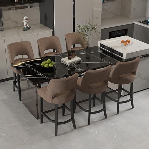 VKNOW Bar Stools Set of 6, 26" Upholstered Counter Height Bar Stools | Modern Counter Stools with Black Rubberwood Legs for Kitchen Island Dining Room Bar, Brown-Black Legs - color: Brown-black Legs, size: Set of 6