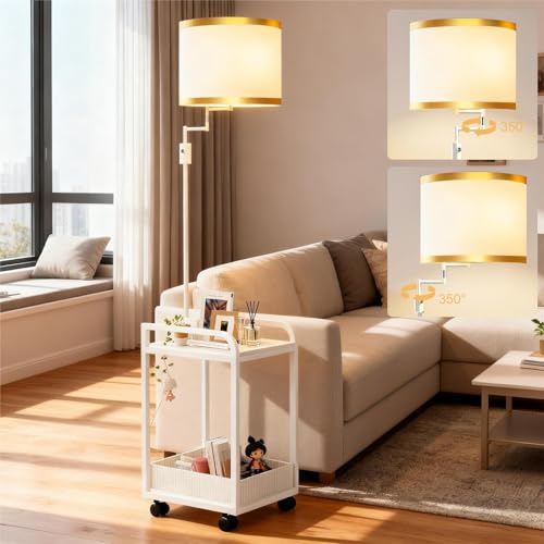 Lightdot 63IN Floor Lamps with Table&Basket, Modern Standing Tall Lamps with Adjustable Fabric Shade and Movable Casters, End Table Lamp for Living Room/Sofa Beside/Corner Decor-White(Bulb Included) - color: 2 Layer-White