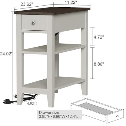ChooChoo Farmhouse End Table with Charging Station | Narrow Side Table Living Room, USB Ports & Power Outlets, Hidden Drawer, White and Brown - color: Farmhouse White