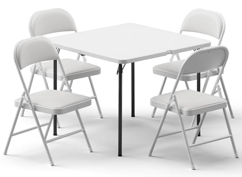 Folding Table and Chairs Set for 4, 36 Inch Foldable Card Table with Carrying Handle & 4 PU Leather Padded Folding Chairs, Portable Indoor Outdoor Dining Table Set for Picnic, Camping, RV, Game Night - color: White, size: 3FT