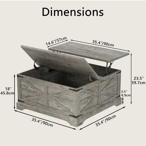 35.5''W Square Coffee Table Farmhouse Lift top Coffee Table with Large Hidden Storage, Wood Center Table for Living Room, Home Office, Rustic Grey - color: Grey Oak, size: 35.5''W