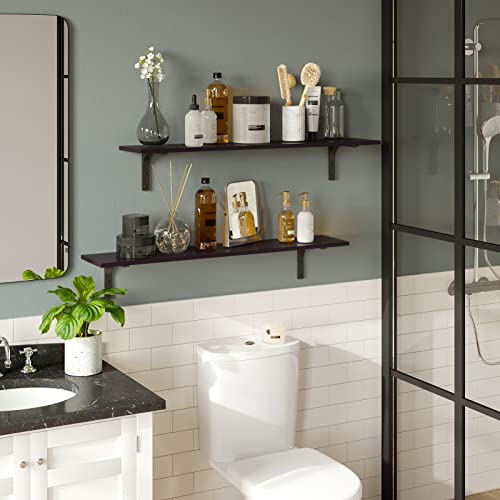 Long Wall Shelves, 39.4Inch Wooden Wall Mounted Shelves, Set of 2 | Large Floating Book Shelf with Metal Brackets, Easy Assembly, Max Load 33lbs, Wall Storage Ledges, Bedroom/Bathroom, Espresso - color: Espresso, size: 39.4 Inch