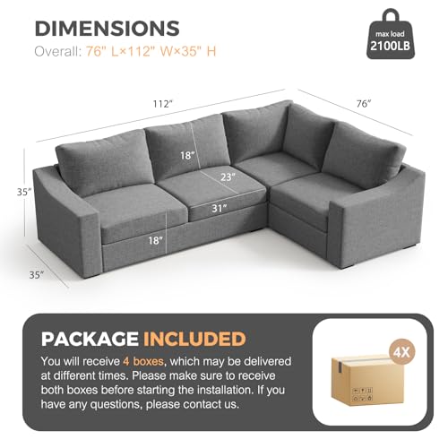 Convertible Sectional Sofa, L Shaped Couch, Natural Linen Fabric Couches with Extra Deep Seats, Big Comfy Couch Upholstered Modern Corner Sofa for Living Room, Office, Grey - color: Grey, size: 112 Inch - V Shaped(4 Seat)