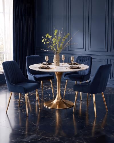 Blue Velvet Dining Chairs Set of 6, Modern Kitchen and Vanity Chairs | Modern upholstered vanity chairs with gold metal legs, stain-resistant hand-quilted fabric, high-density foam cushion seat - color: Blue, size: Set of 6