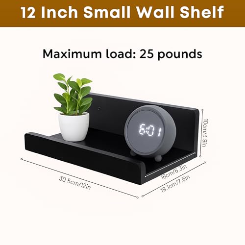 Floating Wall Shelves Set of 2, 12-Inch Solid Wood Shelves with Cable Holes, Small Display Shelf for Router, Webcam, Smart Speaker, Camera – Black - color: Black, size: 12 Inch-2 Pcs