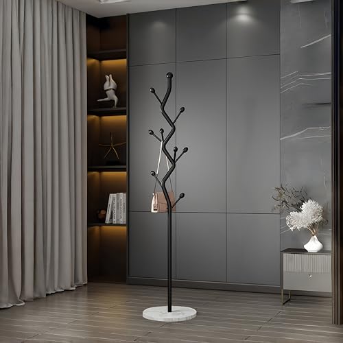 Black Tree Meta Coat Rack with Marble Base Freestanding Hall Tree | Multi-Hook Entryway Organizer for Hallway, Bedroom, Living Room (Black) - color: Black