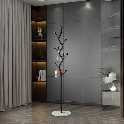 Black Tree Meta Coat Rack with Marble Base Freestanding Hall Tree | Multi-Hook Entryway Organizer for Hallway, Bedroom, Living Room (Black) - color: Black