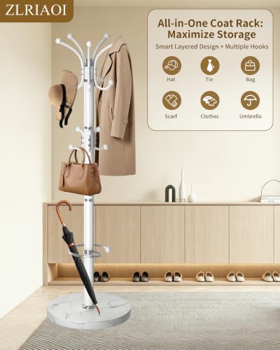 Metal Coat Rack, Modern Coat Rack Stand, 360°Rotary Coat Tree Stand | Heavy Duty Coat Rack Freestanding with Natural Marble Base, White Clothes Tree Hanger Stand with 14 Hooks & Umbrella Holder - color: White-16Hooks