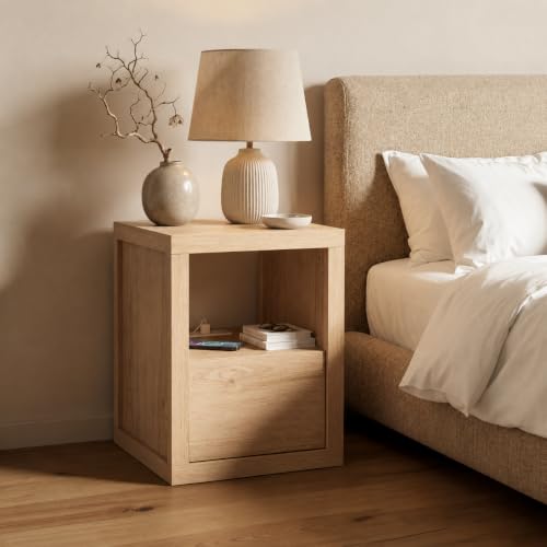 Wabi-sabi Style Nightstand, Modern Bedside Table with Charging Station,Thickened Wood End Table with Drawer Storage & Open Shelf, Night Stand for Bedroom,Oak - color: Oak