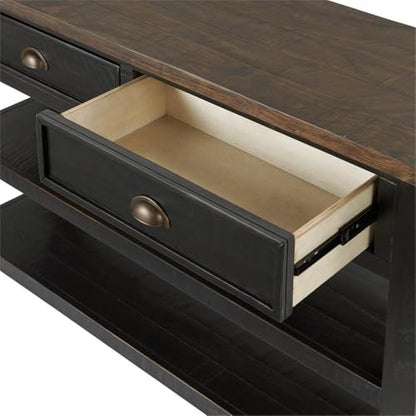 Martin Svensson Home Monterey Solid Wood Sofa Console Table, Black & Brown | Farmhouse Style, Pine Wood, Two Drawers, Two Open Shelves for Storage - color: Black With Brown Top