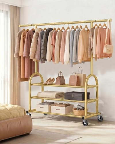 Heavy Duty Clothes Rack for Hanging Clothes Load 688 LBS, Height Adjustable Rolling Clothing Racks, Portable Metal Coat Rack Garment Wardrobe with Wheels and 3 Shelves for Bedroom, Gold - color: Gold, style: 3 Shelves