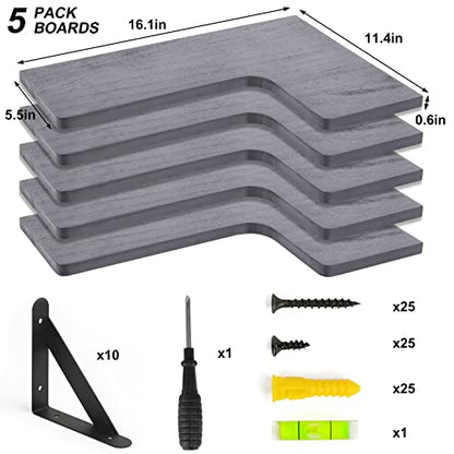Fixwal Corner Floating Shelves Set of 5, Rustic Wood Wall Mounted Corner Shelf for Bathroom, Kitchen, Bedroom, Home Decor, Laundry Room, Living Room(Gray) | Solid wood shelf with metal brackets, holds 40 lbs. Optimizes corner storage. Fits bathroom, kitch