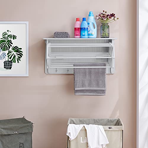 Danya B Accordion Clothes Drying Rack, Retractable, Wall Mounted Towel Rack and Hooks for Clothes and Towels for use in Laundry Room or Garage - White