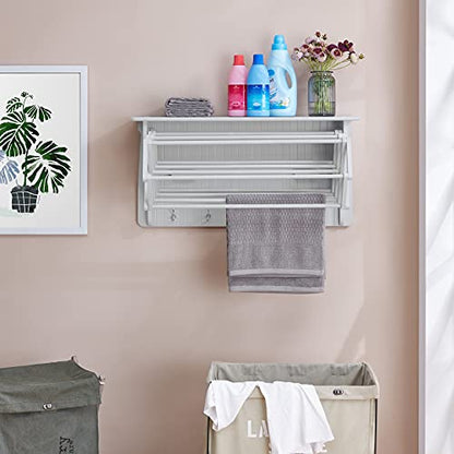 Danya B Accordion Clothes Drying Rack, Retractable, Wall Mounted Towel Rack and Hooks for Clothes and Towels for use in Laundry Room or Garage - White