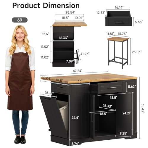 47" Kitchen Island with Seating, Stationary Island Table with Storage Include 2 Chairs, Kitchen Islands with Drop Leaf, Dining Table with Trash Cabinet & Power Outlet & Spice Rack, Black - color: Black