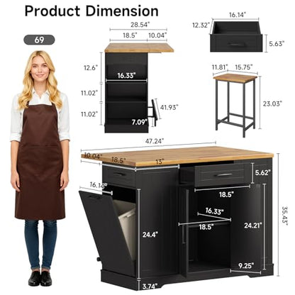 47" Kitchen Island with Seating, Stationary Island Table with Storage Include 2 Chairs, Kitchen Islands with Drop Leaf, Dining Table with Trash Cabinet & Power Outlet & Spice Rack, Black - color: Black