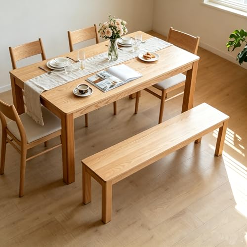 47" Solid Oak Narrow Dining Bench - Natural Finish, for Kitchen & Dining Room, Space-Saving Wooden Seat for Entryway, Bedroom, and Hallway - size: 47 Inch（Square corners)