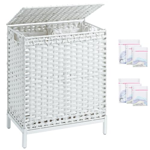 SETVSON Laundry Hamper with Lid, 112 L Handwoven Rattan, Cloud White | 2-Section Large Basket, 2 Removable Liner Bags, 3.34-In Heightened Metal Feet, 6 Mesh Laundry Bags, Side Handles - color: Cloud White, size: 112 L - 29.6 gal