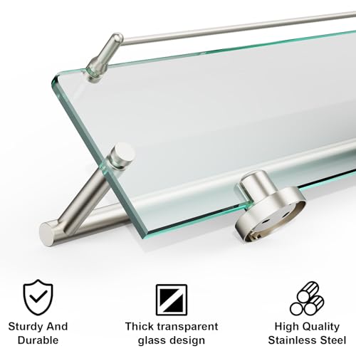 24-Inch Tempered Glass Bathroom Shelf with Towel Bar - Brushed Nickel Towel Holder Modern SUS304 Stainless Steel, Wall Mount Towel Hanger - color: Brushed Nickel, size: 24-inch with Railing