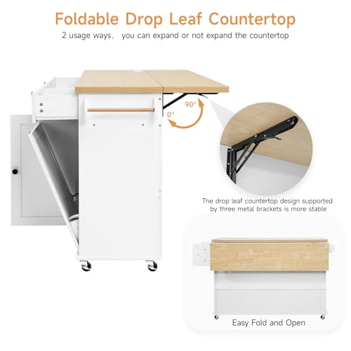 60" Kitchen Island with Power Outlet & Drop Leaf, Rolling Island with Spice Rack & Towel Rack, Kitchen Island Cart with Trash Storage Cabinet, Island Table for Kitchen, White - color: White