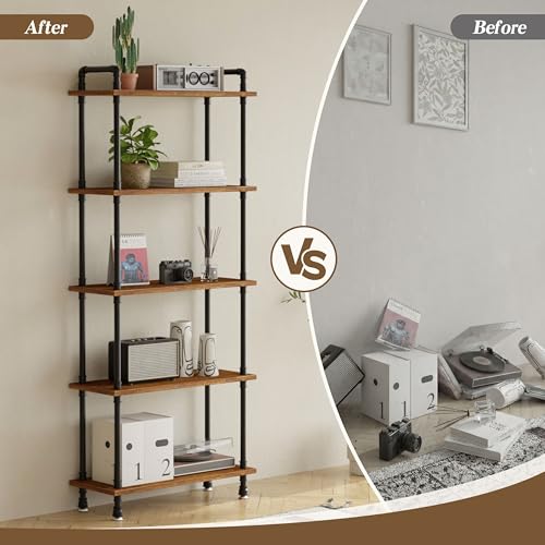 Industrial Bookshelf, Pipe Shelf Bookcase, 5 Tier, 30" Rustic Brown | Solid pine shelves, 30 inch wide, black pipe frame, 35 lbs per shelf, open bookcase for books, plants, office - color: Rustic Brown, size: 30"L × 70"H