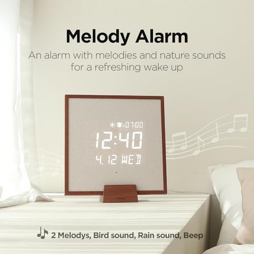 mooas Wooden Frame LED Silent Wall Clock (Wooden Frame Dark Brown) | Remote Control, Backlit Nightlight, Modern Digital LED Wall Clock Sunrise Alarm Melody 5 Brightness for Bedroom Living Room - color: Wooden Frame Dark Brown