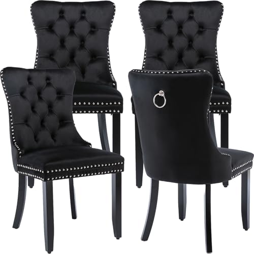Black Velvet Dining Chairs Set of 4, Tufted Kitchen & Dining Room Chairs | Four Fabric Tufted Dinning Chairs, Velvet Upholstered, Wing Back, Metal Pull Ring, Wood Frame, Mid Century Modern - color: B-1 Black Velvet, Wood Legs, size: 4