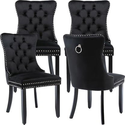 Black Velvet Dining Chairs Set of 4, Tufted Kitchen & Dining Room Chairs | Four Fabric Tufted Dinning Chairs, Velvet Upholstered, Wing Back, Metal Pull Ring, Wood Frame, Mid Century Modern - color: B-1 Black Velvet, Wood Legs, size: 4