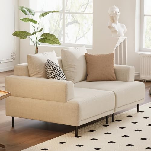 Upholstered Fabric 2-Seater Sofa Couch with Low Back, Beige | 66.1" Mid-Century Modern Loveseat with Wide Armrest, Metal Legs & Breathable Cushion, Suitable for Living Room, Bedroom - size: 66.1inch-2Seats
