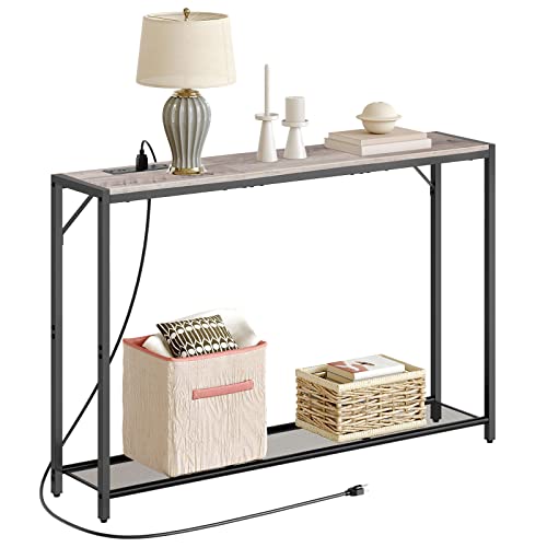 MAHANCRIS 43.7" Console Table with Outlet, Narrow Sofa Table with Shelf | 2 Tier Behind Couch Table, Charging Station, Steel Frame, for Entryway, Living Room, Foyer, Hallway, Greige CTHG11E01N1 - color: Greige, Black