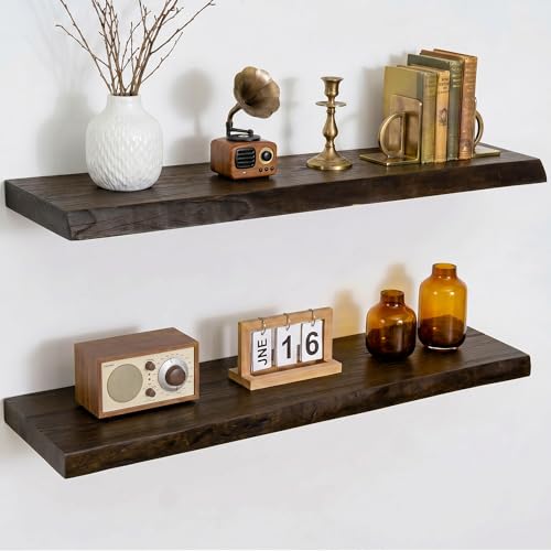 Dreamland Rustic Elm Woood Floating Shelves for Wall Decor, Live Edge 30" W x 8" D H Floating Shelves Set of 2, Wall Mounted Deep Wooden Shelf for Living Room, Bedroom, Kitchen, Bathroom, Walnut - color: Walnut, size: Live Edge - 30"L