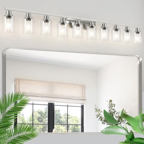 Brushed Nickel Bathroom Vanity Light,10-Light Vanity Lights with Clear Glass,64.5in Modern Bathroom Wall Lights Fixtures Over Mirror,Wall Sconces Lighting for Bedroom Living Room,E26 - color: Nickel, size: 10-light