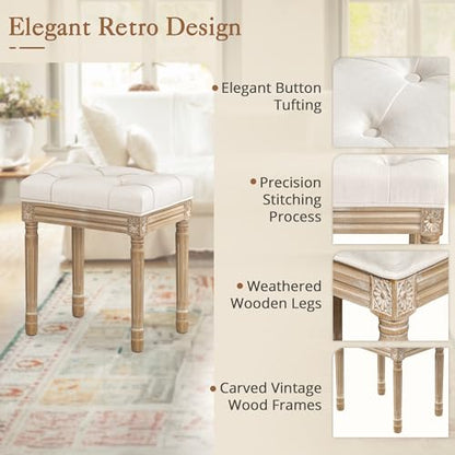 LUE BONA Upholstered Fabric Vanity Bench Seat, Makeup Stools for Vanity, Square Tufted Ottoman Bench with Carved Wood Color Legs for Bedroom Living Room, Beige - color: Beige and Wood
