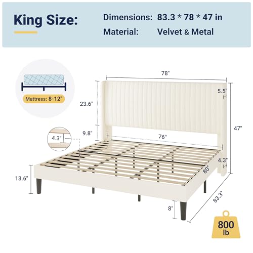Allewie King Size Velvet Bed Frame/Vertical Channel Tufted Wingback Headboard/Upholstered Platform Bed/No Box Spring Needed/Strong Wooden Slats/Easy Assembly/Cream White - color: Cream White, size: King
