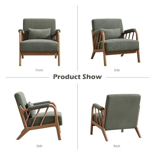 IOMOR Mid Century Modern Accent Chair with Solid Wood Frame, Upholstered Living Room Chairs with Lumbar Cushion Padded Arms, Reading Armchair for Bedroom (1, Olive Green) - color: Olive Green