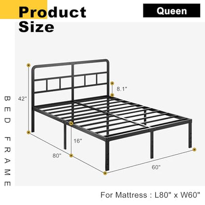 DiaOutro 16 Inch Metal Queen Bed Frame with Headboard, Black | Heavy Duty Bed For Kids Adults, Steel Slat Supports No Box Spring Needed, Easy Assembly, Noise Free - size: Queen, style: 16 Inch