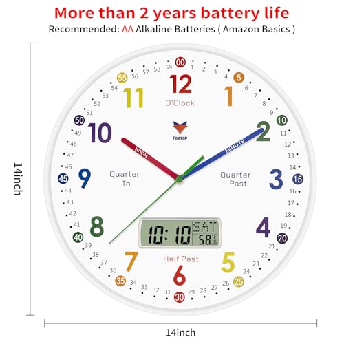Foxtop Digital and Analog Learning Clock for Kids - Telling Time Teaching Clock 14 Inch Silent Non-Ticking Battery Operated Kids Wall Clock for Kids Room Playroom Nursery Classroom School (White) - color: White, size: 14 Inch