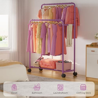 Simple Trending Clothing Clothes Rack, Double Rod Garment Rack, Purple | Portable Closet with Bottom Shelf, Anti-Slip Stoppers, 360° Lockable Wheels, Multiple Uses, Bedroom, Laundry Room - color: Purple