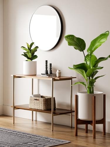 LE TAUCI 12 Inch Planter with Acacia Wood Stand, Large Ceramic Indoor Plant Pot with Drainage Hole & Plug, Mid Century Modern Plant Holder for Fiddle Leaf Fig, Monstera, Snake Plant, White - color: White, size: 12 Inch