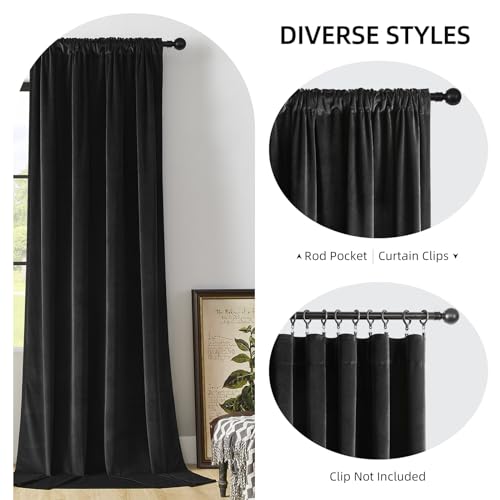 Joydeco Black Velvet Curtains 63 inch Length 2 Panels, Luxury Blackout Rod Pocket Thermal Insulated Window Curtains, Super Soft Room Darkening Drapes for Living Dining Room Bedroom,W52 x L63 inches - color: Rod Pocket | Black, size: 52"W x 63"L (Pack of 2